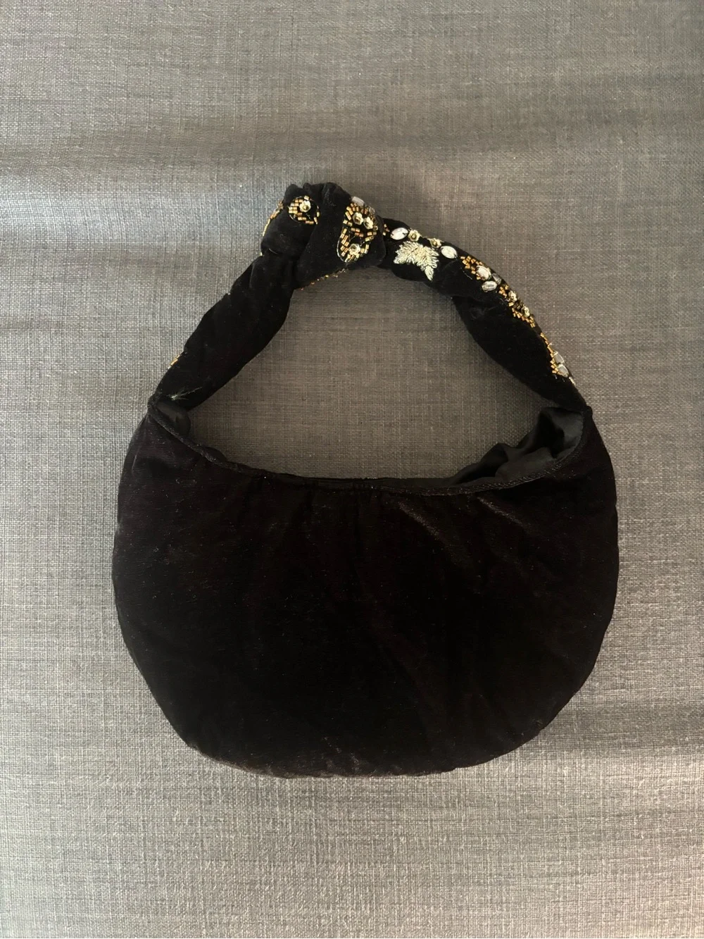 Embellished Black Velvet Shoulder Bag with Gold & Crystal Accents